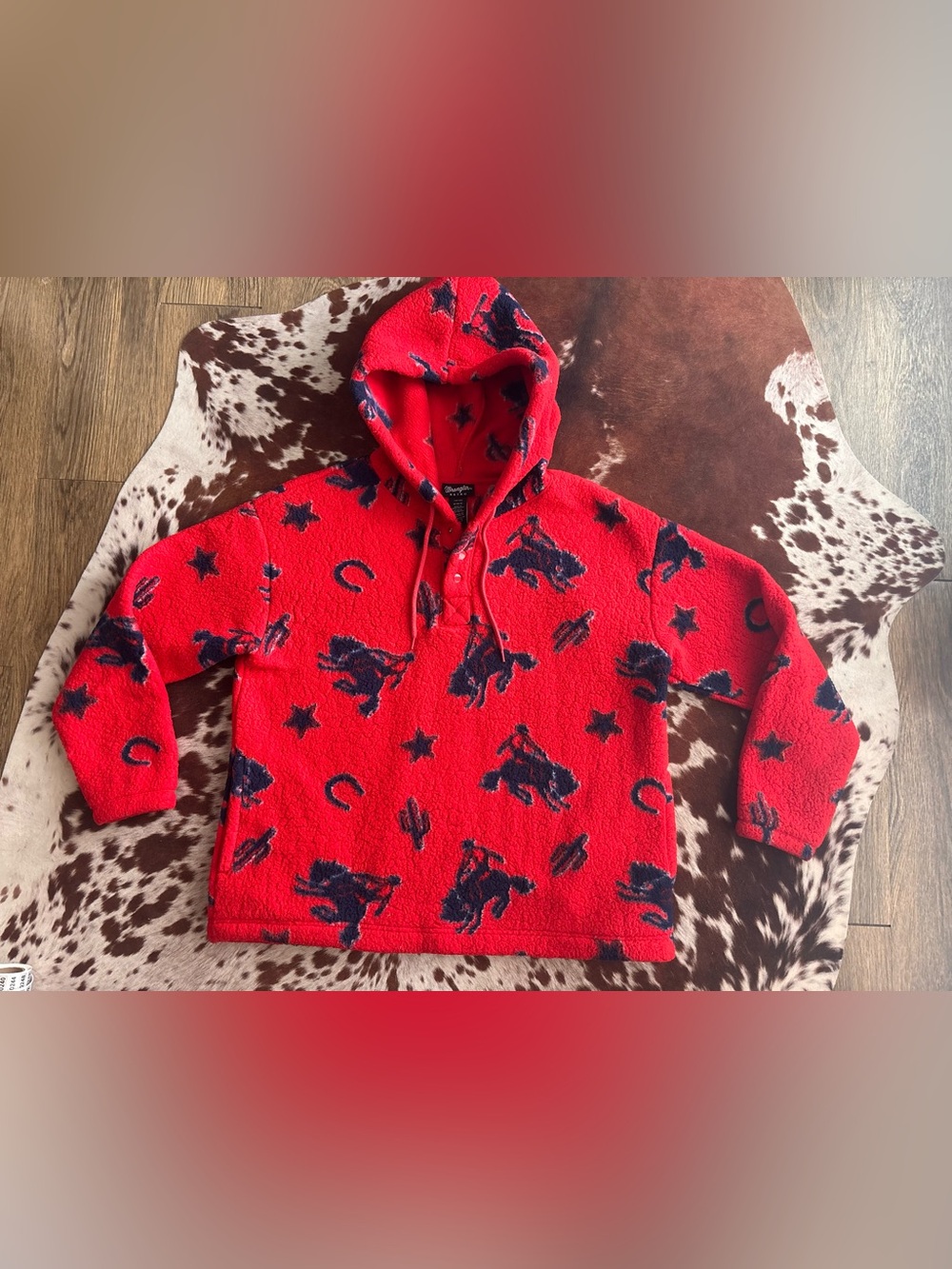 Wrangler Red Hooded Fleece Pullover with Navy Western print